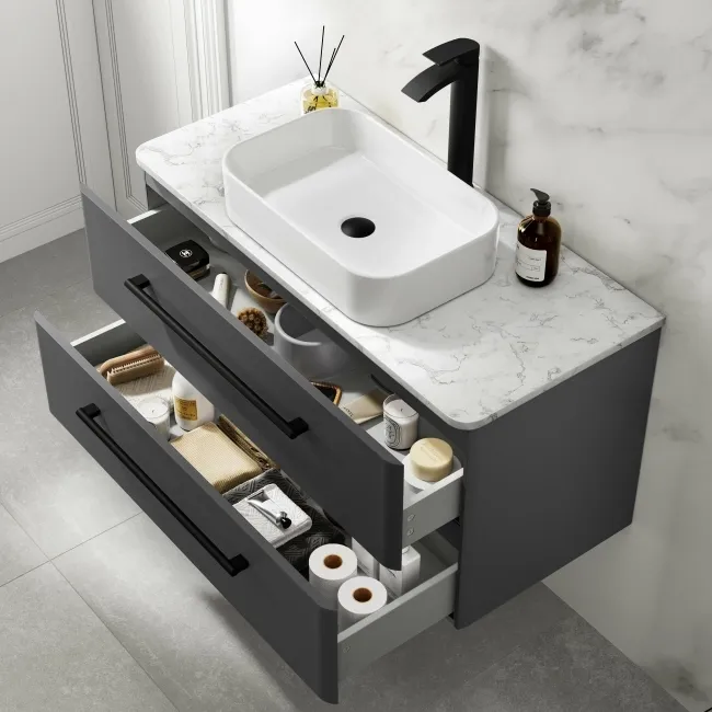 Omaha Slate Grey Wall Hung Drawer Vanity with Marble Top & Marin Basin 1000mm - Black Accents