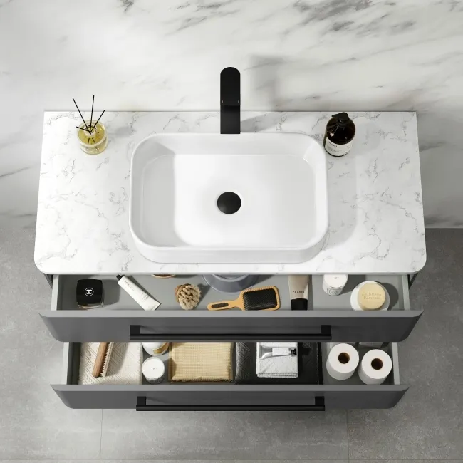 Omaha Slate Grey Wall Hung Drawer Vanity with Marble Top & Marin Basin 1000mm - Black Accents