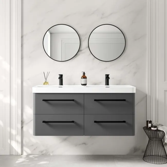 Omaha Slate Grey Wall Hung Double Basin Drawer Vanity 1200mm - Black Accents