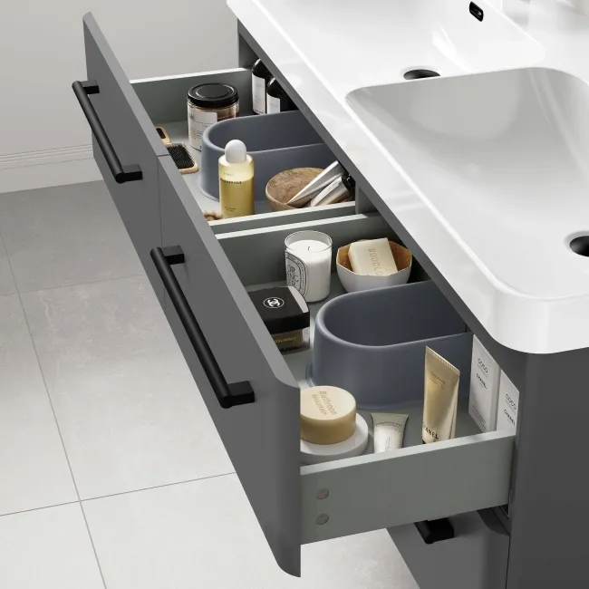 Omaha Slate Grey Wall Hung Double Basin Drawer Vanity 1200mm - Black Accents