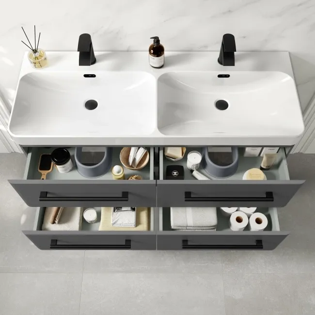 Omaha Slate Grey Wall Hung Double Basin Drawer Vanity 1200mm - Black Accents