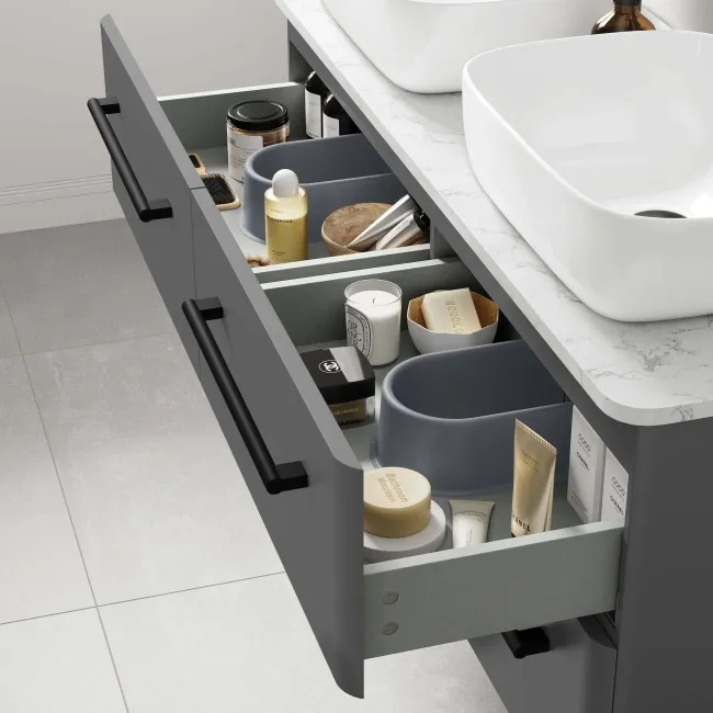 Omaha Slate Grey Wall Hung Drawer Vanity with Marble Top & Curved Counter Top Basin 1200mm - Black Accents