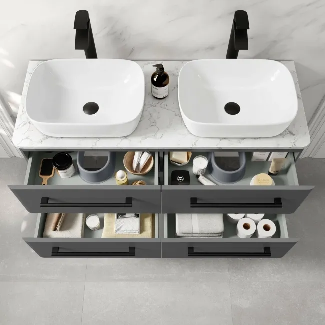 Omaha Slate Grey Wall Hung Drawer Vanity with Marble Top & Curved Counter Top Basin 1200mm - Black Accents
