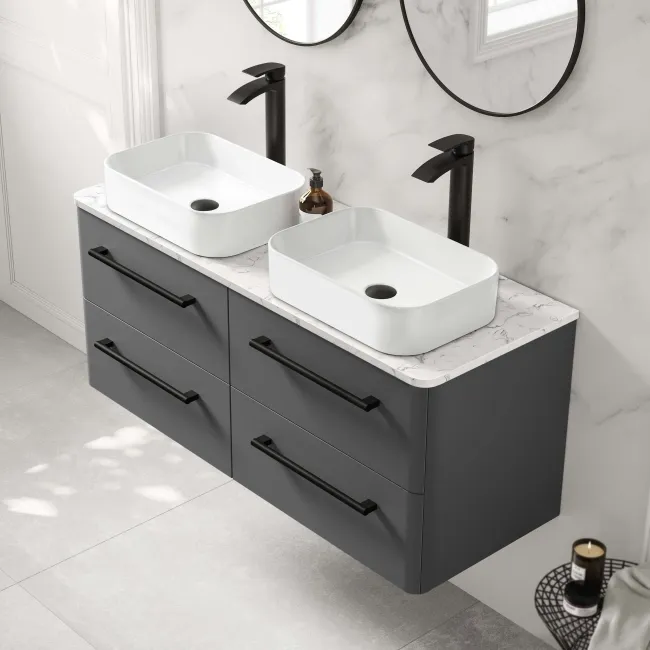 Omaha Slate Grey Wall Hung Drawer Vanity with Marble Top & Marin Basin 1200mm - Black Accents