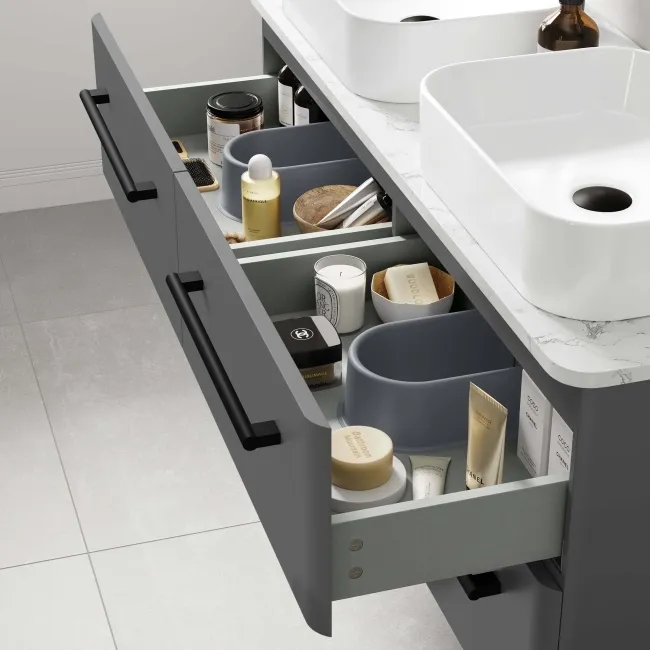 Omaha Slate Grey Wall Hung Drawer Vanity with Marble Top & Marin Basin 1200mm - Black Accents
