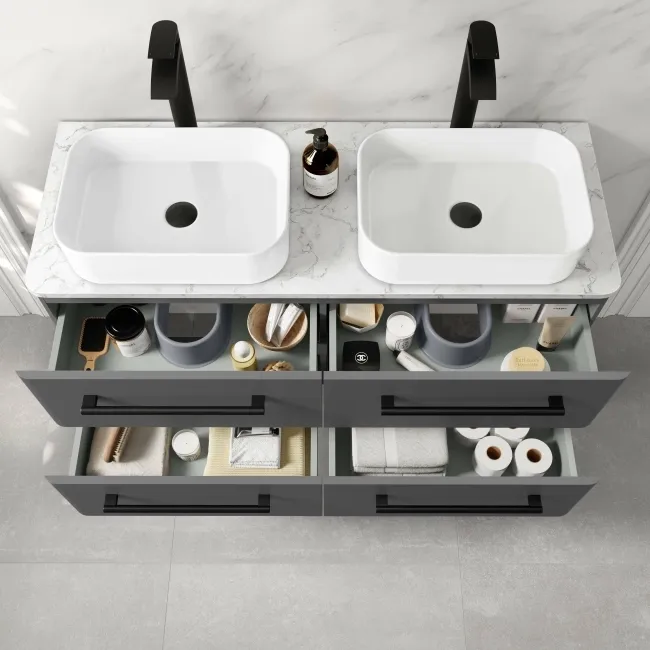 Omaha Slate Grey Wall Hung Drawer Vanity with Marble Top & Marin Basin 1200mm - Black Accents