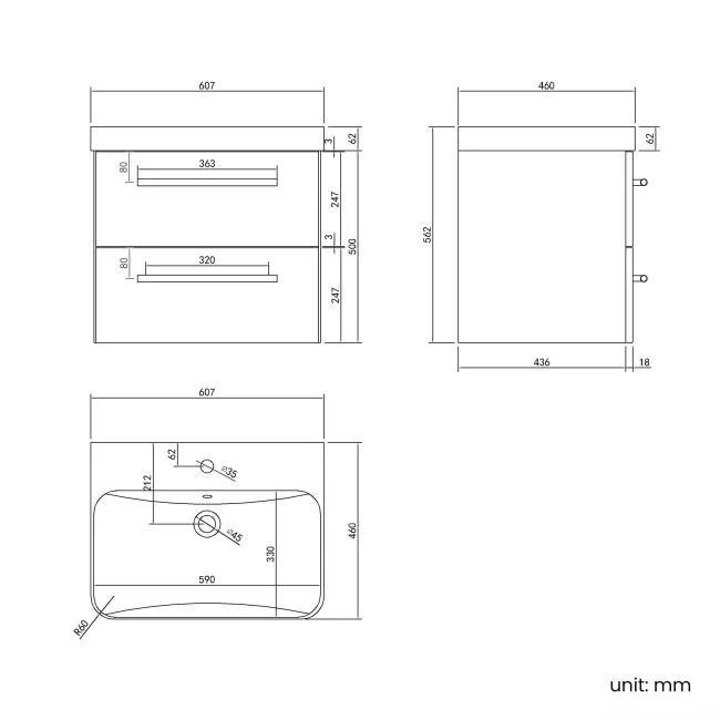 Omaha Slate Grey Wall Hung Basin Drawer Vanity 600mm - Brushed Brass Accents