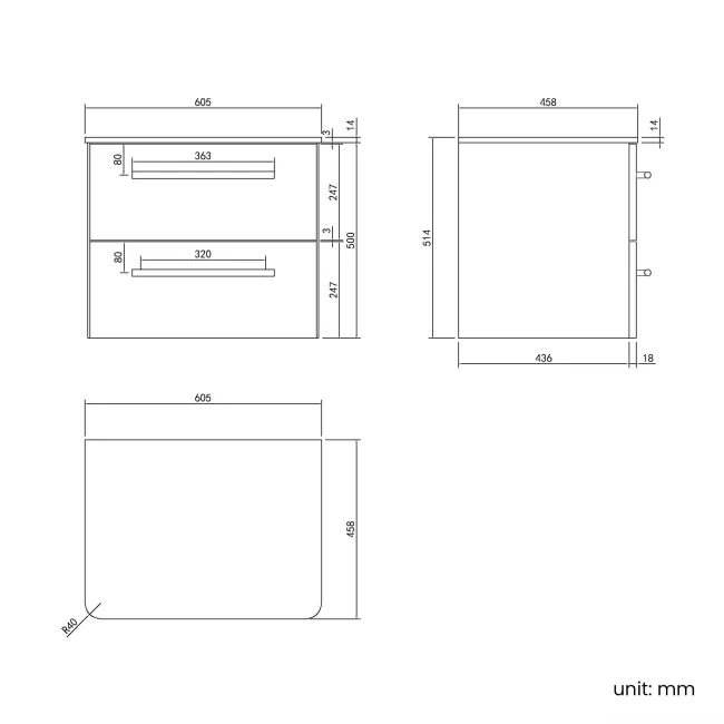Omaha Slate Grey Wall Hung Drawer Vanity with Marble Top 600mm (Excludes Counter Top Basin) - Brushed Brass Accents