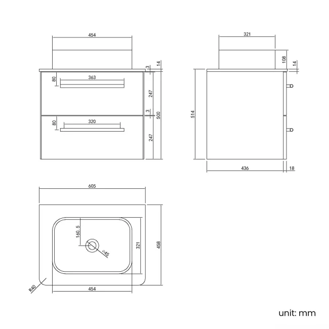 Omaha Slate Grey Wall Hung Drawer Vanity with Marble Top & Marin Basin 600mm - Brushed Brass Accents