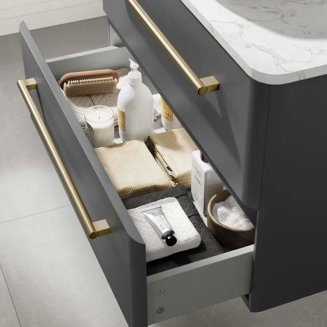 Omaha Slate Grey Wall Hung Drawer Vanity with Marble Top & Curved Counter Top Basin 800mm - Brushed Brass Accents