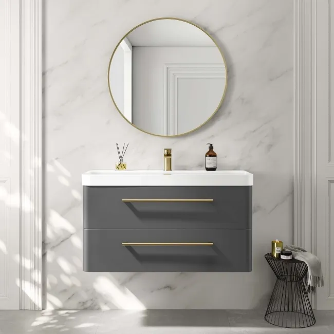Omaha Slate Grey Wall Hung Basin Drawer Vanity 1000mm - Brushed Brass Accents