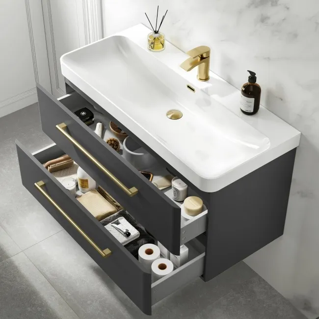 Omaha Slate Grey Wall Hung Basin Drawer Vanity 1000mm - Brushed Brass Accents