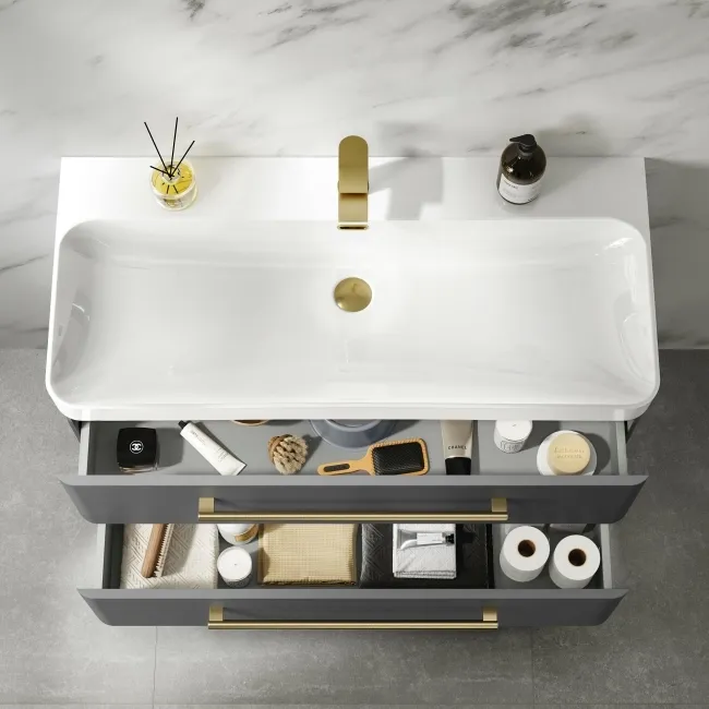 Omaha Slate Grey Wall Hung Basin Drawer Vanity 1000mm - Brushed Brass Accents