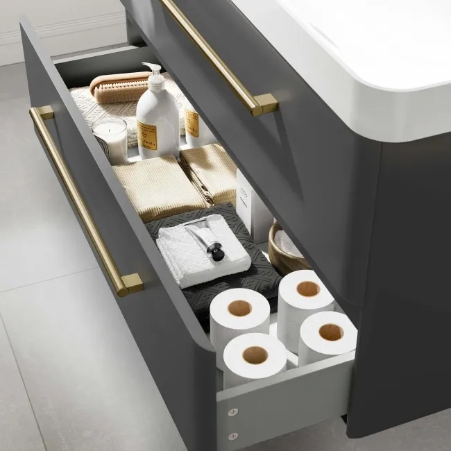 Omaha Slate Grey Wall Hung Basin Drawer Vanity 1000mm - Brushed Brass Accents