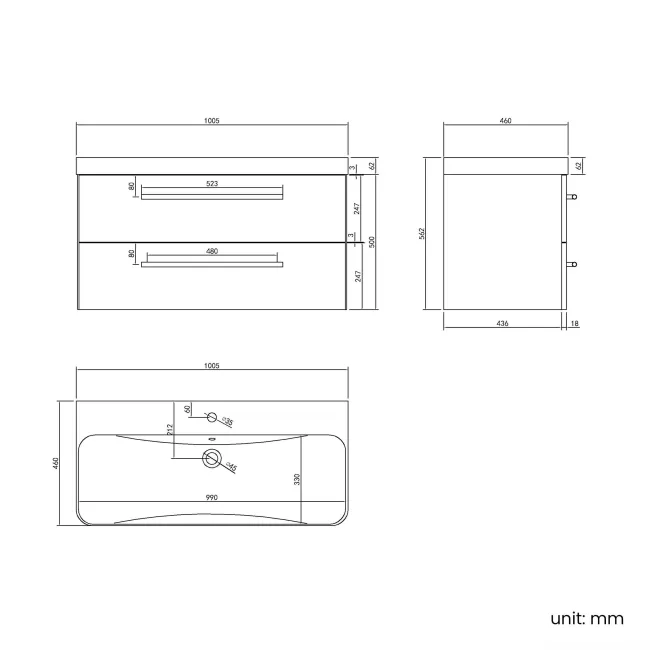 Omaha Slate Grey Wall Hung Basin Drawer Vanity 1000mm - Brushed Brass Accents