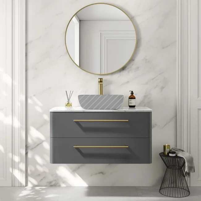 Omaha Slate Grey Wall Hung Drawer Vanity with Marble Top 1000mm (Excludes Counter Top Basin) - Brushed Brass Accents