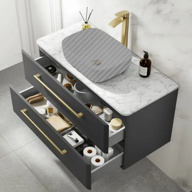 Omaha Slate Grey Wall Hung Drawer Vanity with Marble Top 1000mm (Excludes Counter Top Basin) - Brushed Brass Accents