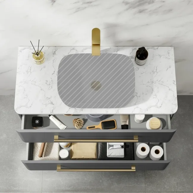 Omaha Slate Grey Wall Hung Drawer Vanity with Marble Top 1000mm (Excludes Counter Top Basin) - Brushed Brass Accents