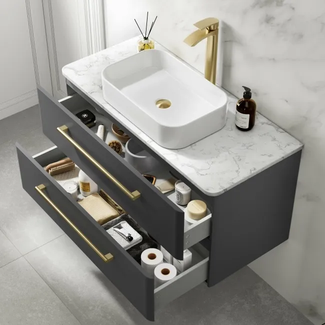 Omaha Slate Grey Wall Hung Drawer Vanity with Marble Top & Marin Basin 1000mm - Brushed Brass Accents