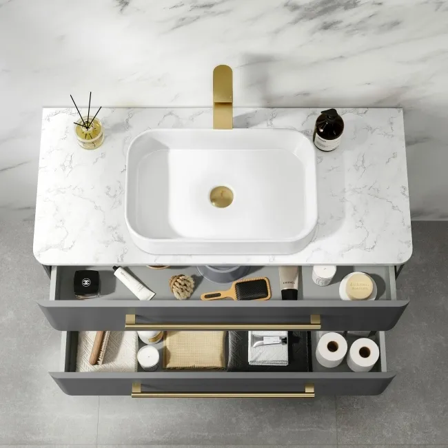 Omaha Slate Grey Wall Hung Drawer Vanity with Marble Top & Marin Basin 1000mm - Brushed Brass Accents
