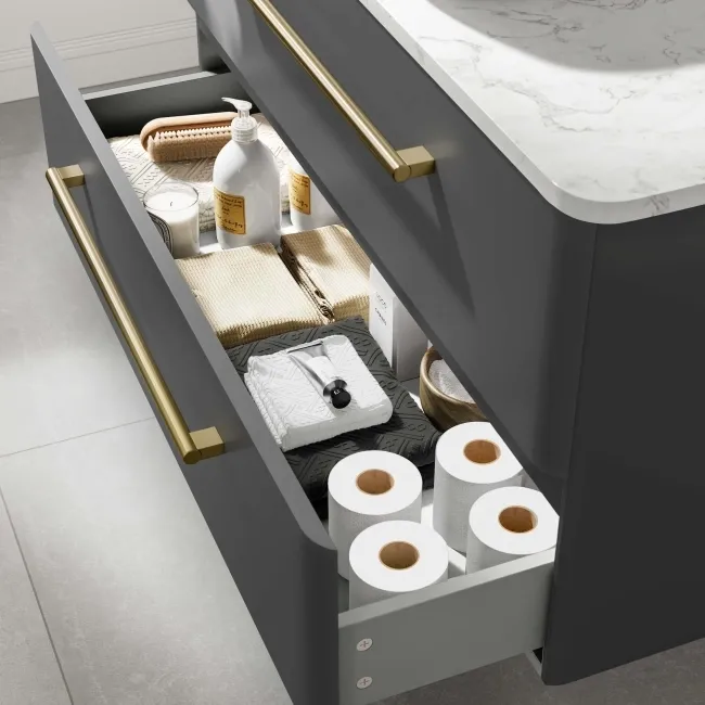 Omaha Slate Grey Wall Hung Drawer Vanity with Marble Top & Marin Basin 1000mm - Brushed Brass Accents