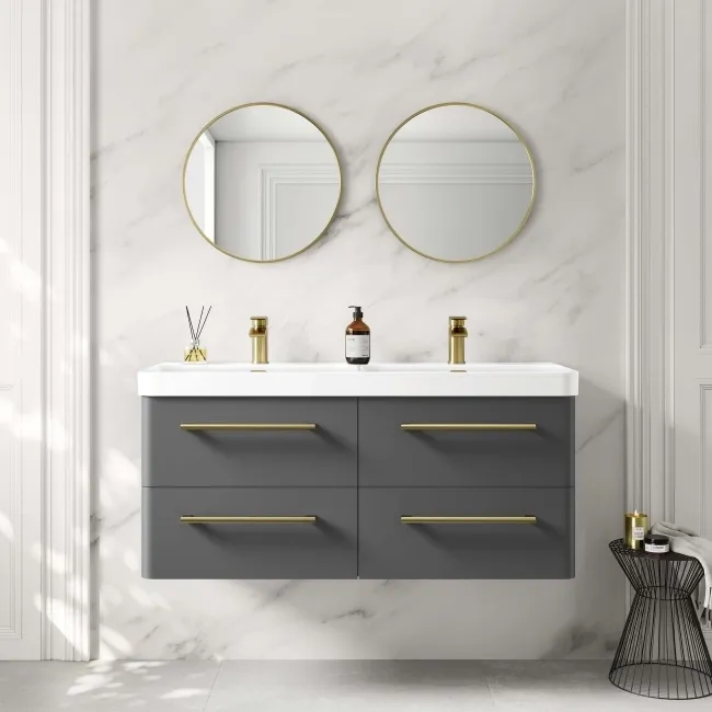 Omaha Slate Grey Wall Hung Double Basin Drawer Vanity 1200mm - Brushed Brass Accents