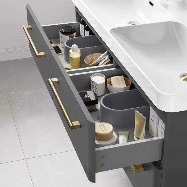 Omaha Slate Grey Wall Hung Double Basin Drawer Vanity 1200mm - Brushed Brass Accents