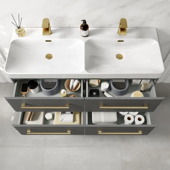 Omaha Slate Grey Wall Hung Double Basin Drawer Vanity 1200mm - Brushed Brass Accents