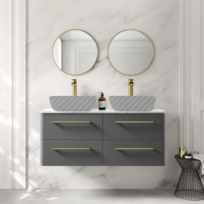 Omaha Slate Grey Wall Hung Drawer Vanity with Marble Top 1200mm (Excludes Counter Top Basin) - Brushed Brass Accents