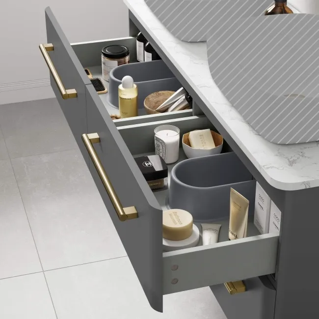 Omaha Slate Grey Wall Hung Drawer Vanity with Marble Top 1200mm (Excludes Counter Top Basin) - Brushed Brass Accents