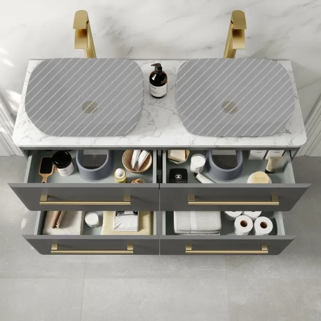 Omaha Slate Grey Wall Hung Drawer Vanity with Marble Top 1200mm (Excludes Counter Top Basin) - Brushed Brass Accents