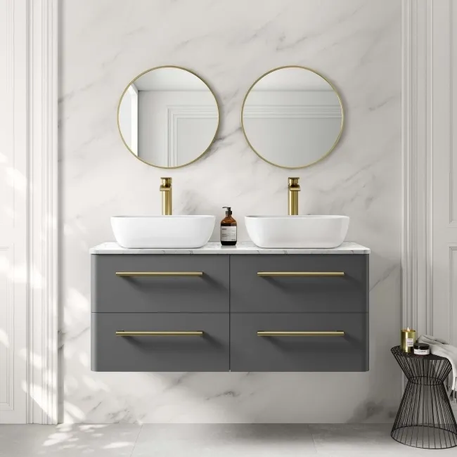 Omaha Slate Grey Wall Hung Drawer Vanity with Marble Top & Curved Counter Top Basin 1200mm - Brushed Brass Accents