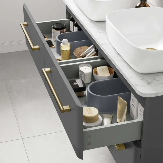Omaha Slate Grey Wall Hung Drawer Vanity with Marble Top & Curved Counter Top Basin 1200mm - Brushed Brass Accents