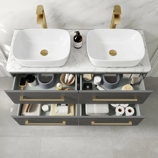 Omaha Slate Grey Wall Hung Drawer Vanity with Marble Top & Curved Counter Top Basin 1200mm - Brushed Brass Accents