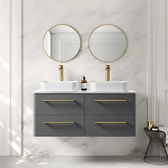Omaha Slate Grey Wall Hung Drawer Vanity with Marble Top & Marin Basin 1200mm - Brushed Brass Accents