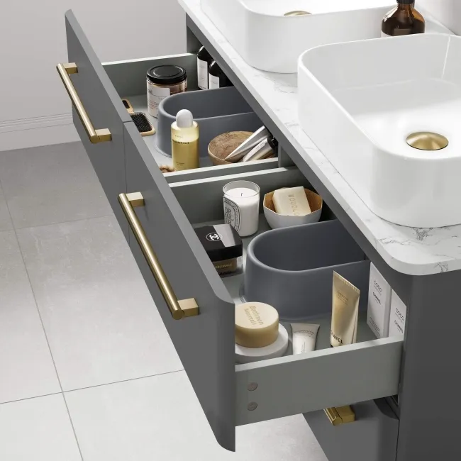 Omaha Slate Grey Wall Hung Drawer Vanity with Marble Top & Marin Basin 1200mm - Brushed Brass Accents
