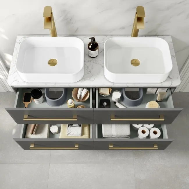 Omaha Slate Grey Wall Hung Drawer Vanity with Marble Top & Marin Basin 1200mm - Brushed Brass Accents