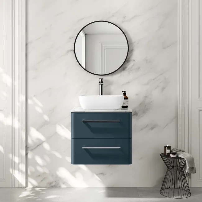 Omaha Navy Blue Wall Hung Drawer Vanity with Marble Top & Curved Counter Top Basin 600mm