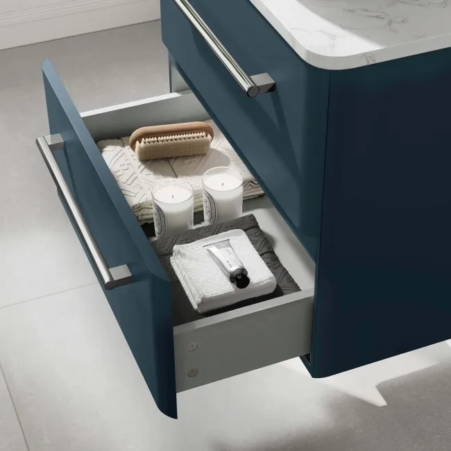 Omaha Navy Blue Wall Hung Drawer Vanity with Marble Top & Marin Basin 600mm