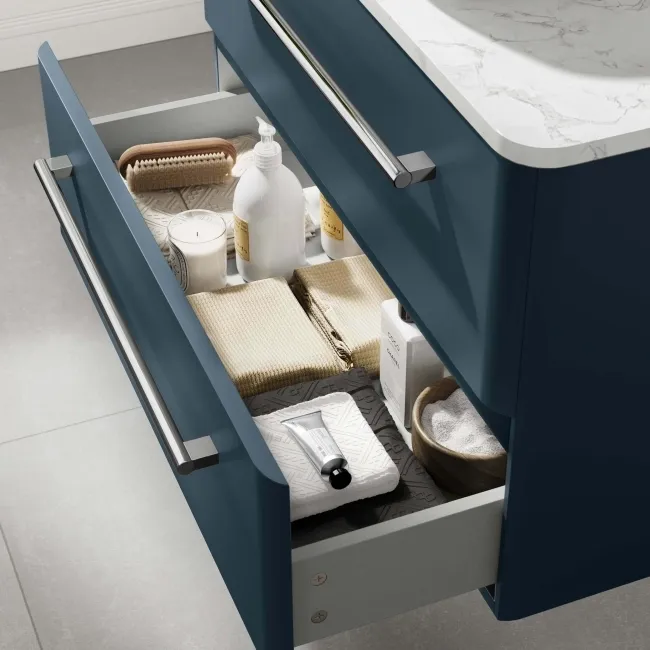 Omaha Navy Blue Wall Hung Drawer Vanity with Marble Top 800mm - Excludes Counter Top Basin