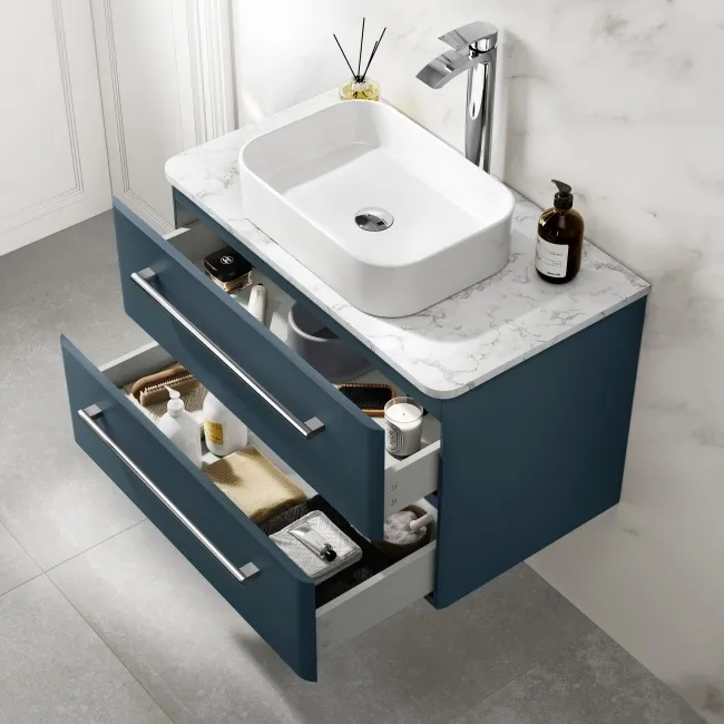 Omaha Navy Blue Wall Hung Drawer Vanity with Marble Top & Marin Basin 800mm