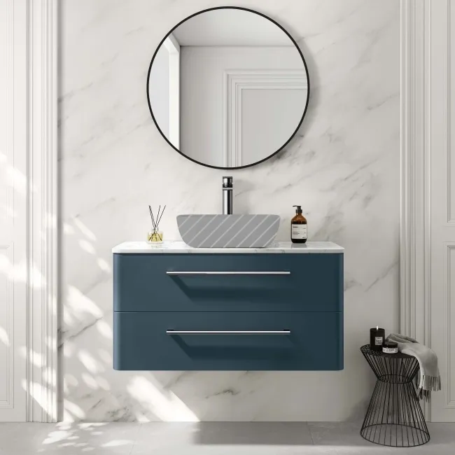 Omaha Navy Blue Wall Hung Drawer Vanity with Marble Top 1000mm - Excludes Counter Top Basin