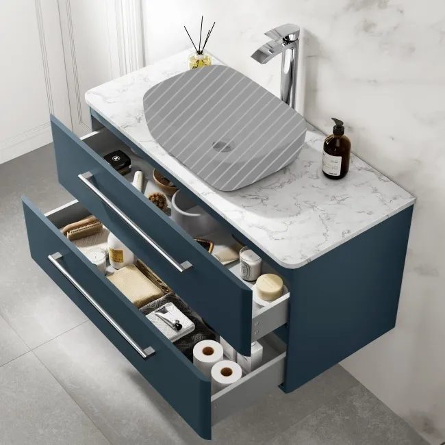 Omaha Navy Blue Wall Hung Drawer Vanity with Marble Top 1000mm - Excludes Counter Top Basin