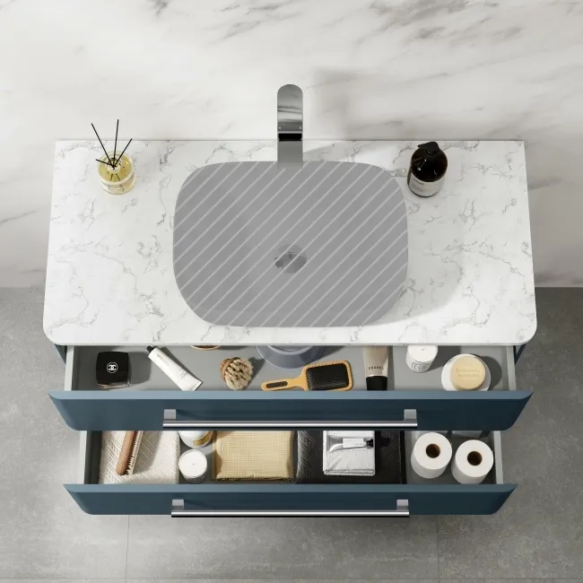 Omaha Navy Blue Wall Hung Drawer Vanity with Marble Top 1000mm - Excludes Counter Top Basin