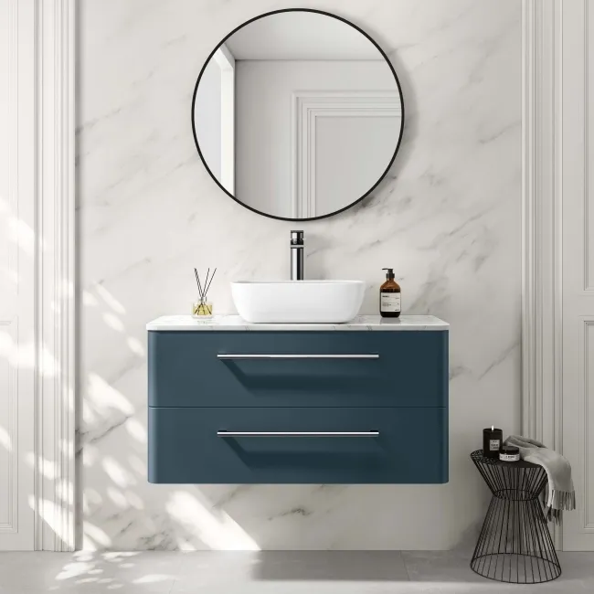 Omaha Navy Blue Wall Hung Drawer Vanity with Marble Top & Curved Counter Top Basin 1000mm