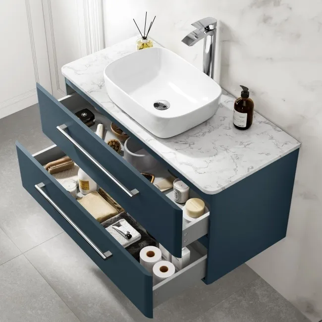 Omaha Navy Blue Wall Hung Drawer Vanity with Marble Top & Curved Counter Top Basin 1000mm