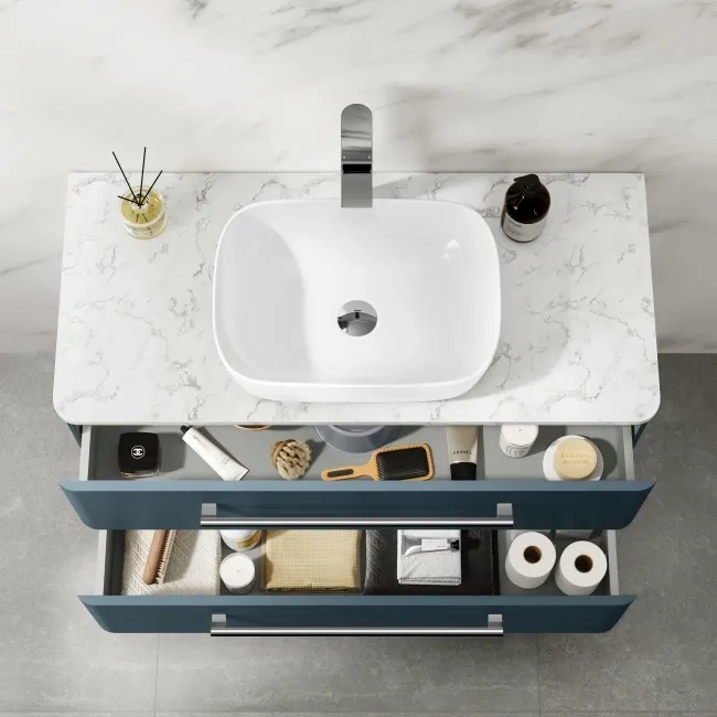 Omaha Navy Blue Wall Hung Drawer Vanity with Marble Top & Curved Counter Top Basin 1000mm