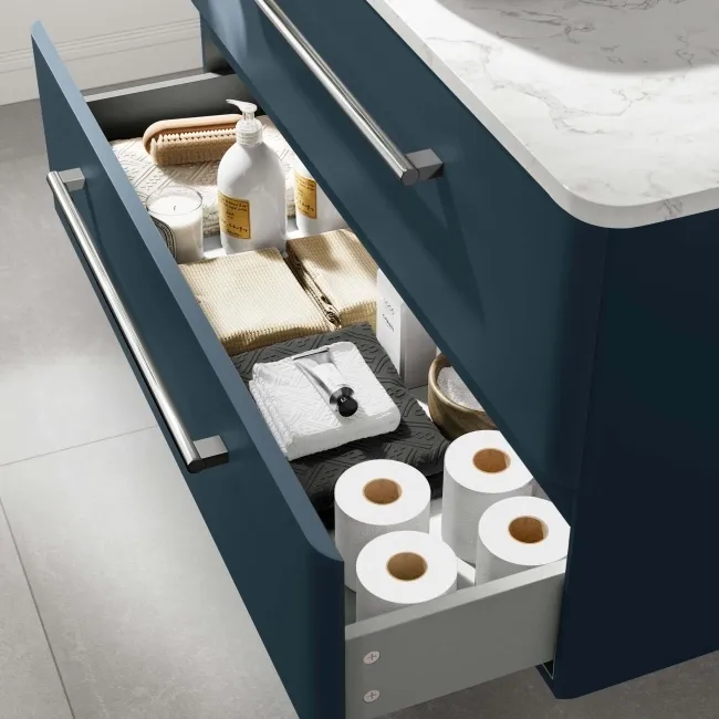 Omaha Navy Blue Wall Hung Drawer Vanity with Marble Top & Curved Counter Top Basin 1000mm