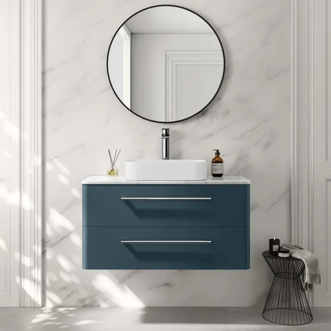 Omaha Navy Blue Wall Hung Drawer Vanity with Marble Top & Marin Basin 1000mm