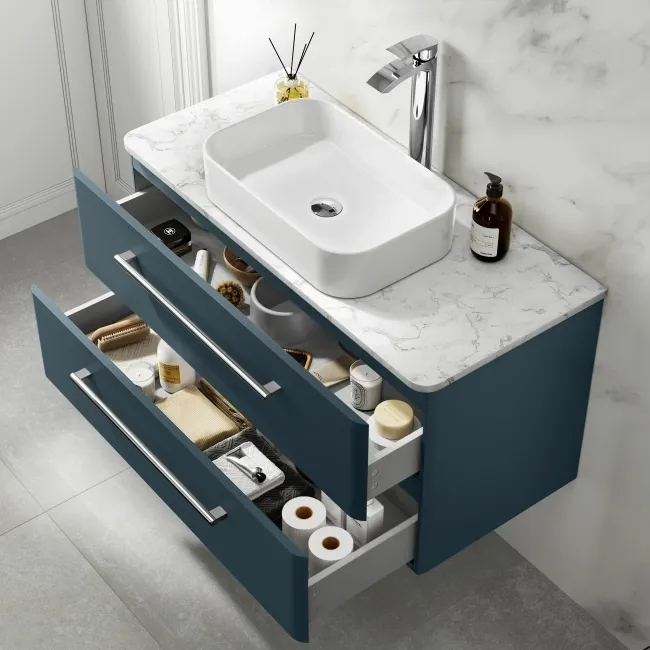 Omaha Navy Blue Wall Hung Drawer Vanity with Marble Top & Marin Basin 1000mm